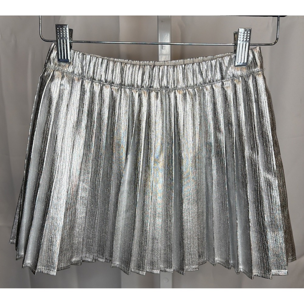 Owillo Kids Girls Silver Metallic Pleated Skirt Elastic Waist Size S - Brand New